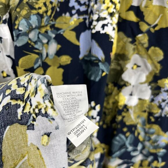 J Jill Top Size Medium Navy Yellow Floral Long Sleeve Button Front Tunic Blouse - Picture 8 of 8
